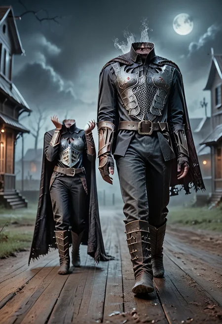 (One lonely headless man in a creepy old town holding his disembodied head.)
score_9, score_8_up, score_7_up, 1man, broad shoulders, (holding head: 1.5), (head in hand, disembodied_head of vampire, black hair, pale skin, detailed perfect face, sharp teeth, screaming), armor, cape, gauntlets, belt, boots, black pants, walking towards viewer, smoke around feet, swirling mist.
Dark background, moody, vines, run down buildings, old wood buildings, frontier town, dusty, night, spooky, swirling mist, dirty wood floor, creepy, full moon, moonlight, light from behind, evening, dark, nighttime, misty, foggy.