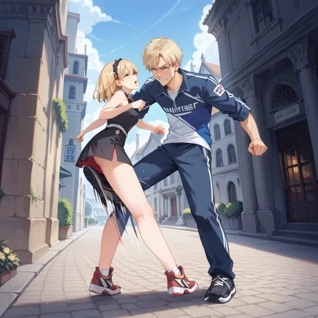score_9, score_8_up, score_7_up, best quality, masterpiece, source_anime,  BREAK,  1girl, 1boy, crotch kick, kicking<lora:clotch_kick:2>