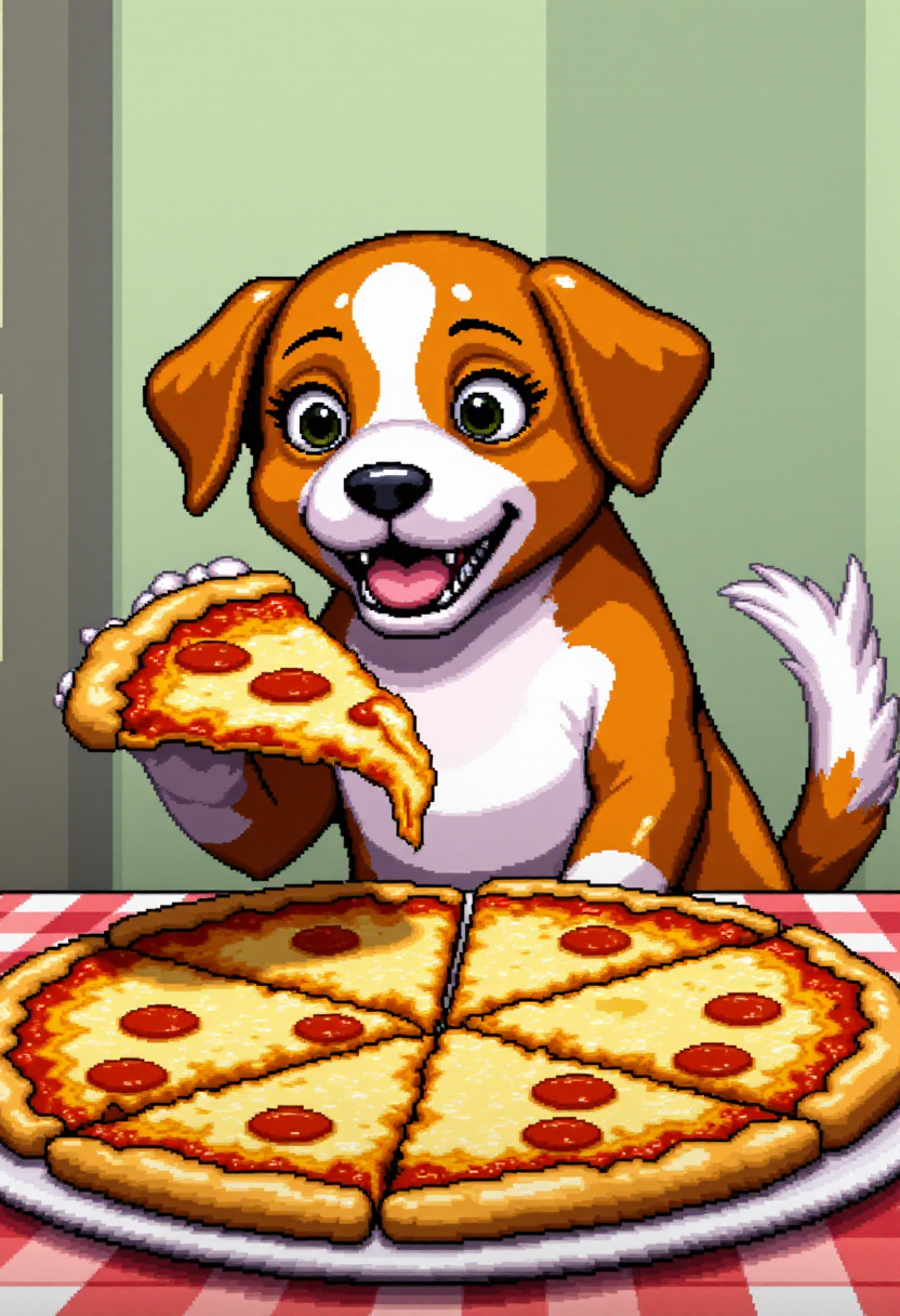 <lora:KFT_2d_Pixel_Style_FLUX-000017:1>
The image is a vibrant kftpxl pixel art illustration featuring    dog eating a slice of pizza