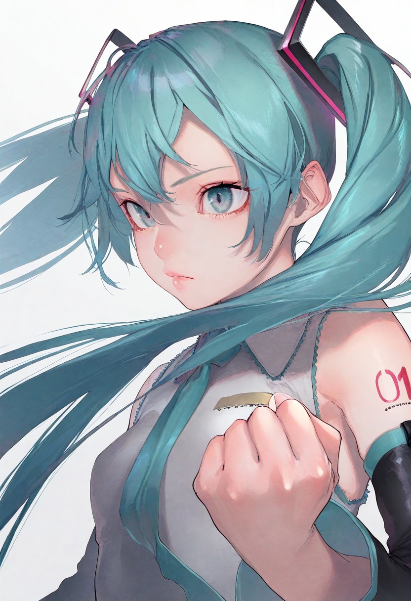 realistic, Sortilege_ST, masterpiece, best quality, very aesthetic, very awa, 1girl, masterpiece, upper body, hatsune miku, , perfect eyes, clenched hand,