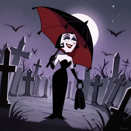score_9, score_8_up, score_7_up BREAK MalariaG, 1girl, black hair, black eyes, pale skin, purple eyeshadow, red lipstick, black choker, long sleeveless black dress, long black gloves, holding black umbrella, smiling at graves, night cemetery background, graveyard outdoors,