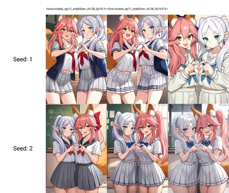 <lora:noobai_ep11_stabilizer_v0.58_fp16:1>2girls,tamamo \(fate\),pink hair,frieren,white hair,hair ornament,school uniform,cowboy shot,heart hands duo,masterpiece,