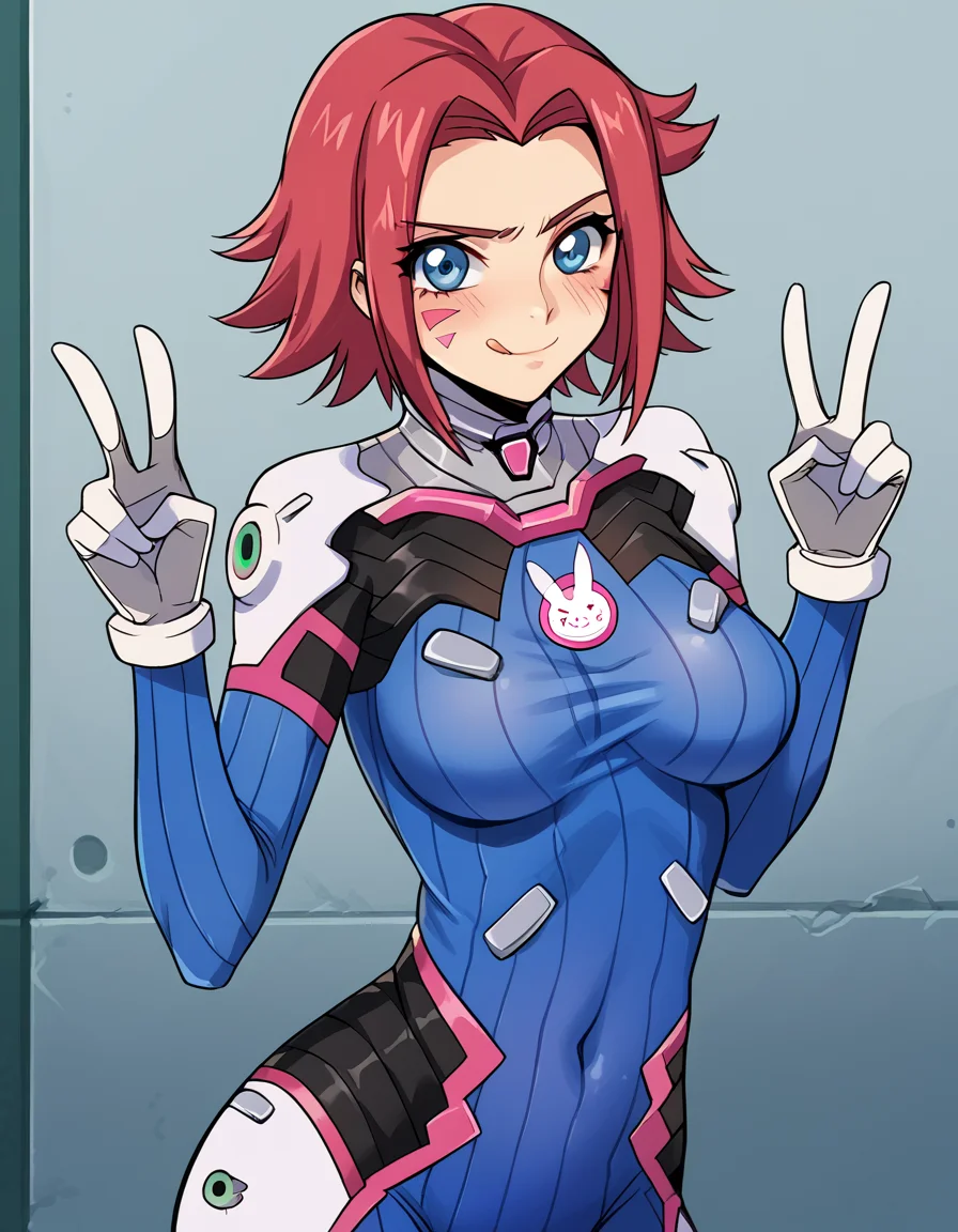 score_9, score_8_up, score_7_up, source_anime, <lora:kallen-stadtfeld-s1-ponyxl-lora-nochekaiser:1>, kallen stadtfeld, blue eyes, red hair, short hair, large breasts,, <lora:overwatch-dva-cosplay-ponyxl-lora-nochekaiser:1>, overwatch dva cosplay, d.va (overwatch) (cosplay), bodysuit, cosplay, covered navel, skin tight, vertical-striped bodysuit, streets, smile, blush, v, v over eye, tongue out, cowboy shot, looking at viewer