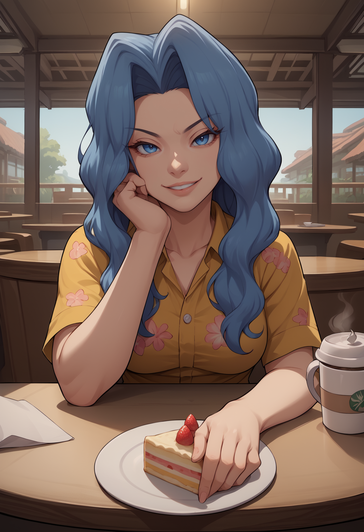 score_9, score_8_up,score_7_up, source_anime, 1girl, solo, <lora:Snq_pdxl_EliPot:1>, SQNA, long hair, blue hair, blue eyes, mature female,
 hawaiian shirt, dress shirt, unbuttoned, multicolored shirt, purple shorts, looking at viewer, pov across table, pov, table, cafe, coffee, upper body, elbow rest, seductive smile, smirk, parted lips, cake indoors,