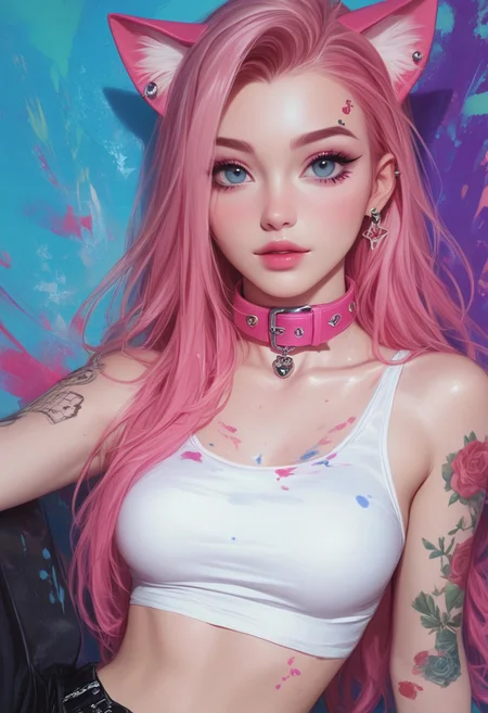 score_9, score_8_up, score_7_up, score_6_up pink hair, cat ears, pink collar, piercings, white crop top tattoos, sexy punk, long hair, colourful background
imbasketchstyle, sketch, paint , masterpiece, hyperrealistic, ultra detailed,
cute style, 20 year old