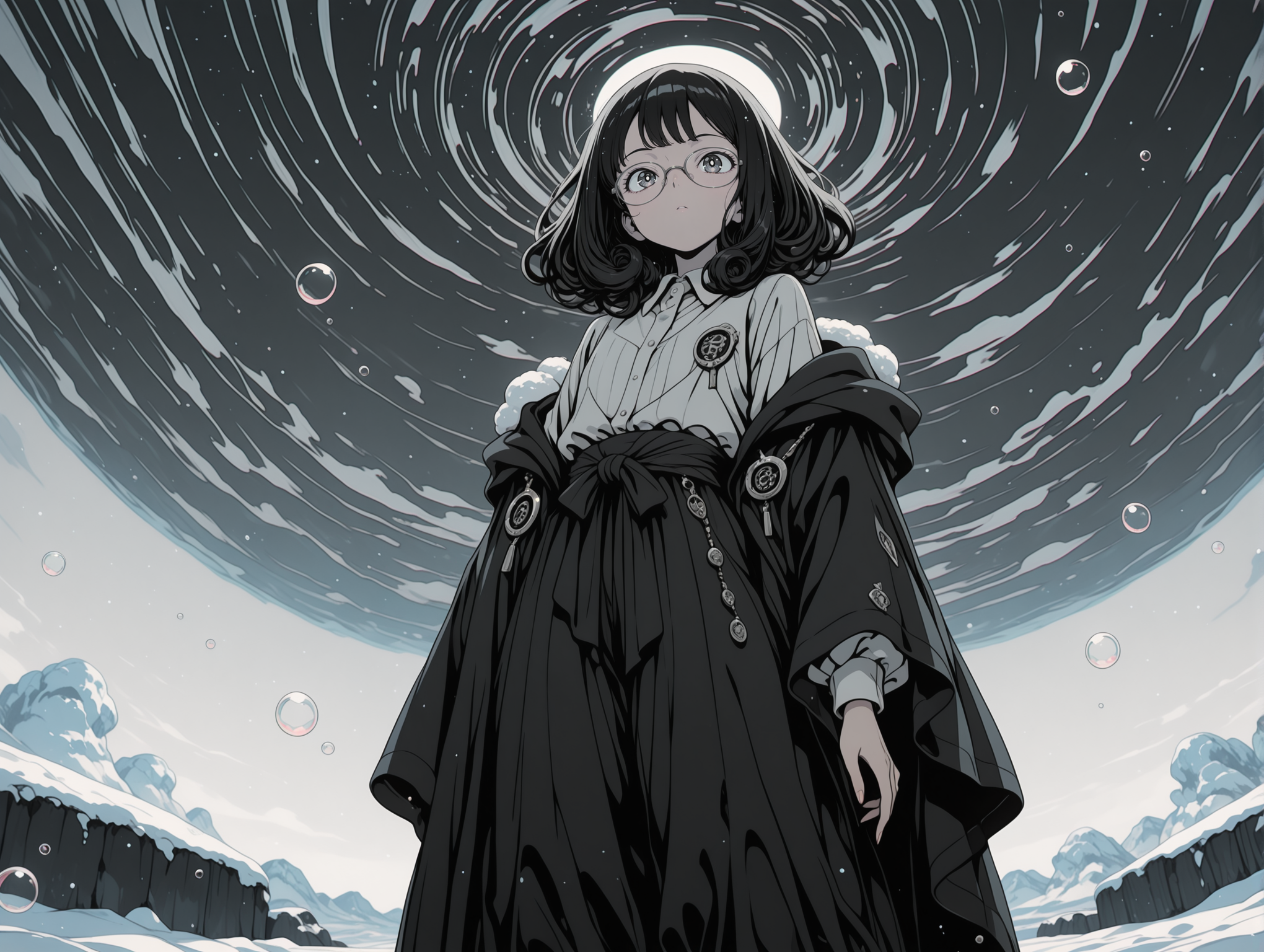 masterpiece,best quality,amazing quality, solo, character focus, outlines, flat color, Vintage, 1990s \(style\), light particles, vibrant, high contrast, Terada Katsuya, 
harsh shadows,        monochrome, spot color,    iridescent
1girl,  curly bangs,     young,     medium hair,   long nails, lapel pin, shawl,    solo, 
standing, from below, 
 cloak,    off shoulder, glasses,      
dark Gray clothes,  wool draped pants, shirt,   
sfw,  
exterior, abandoned campsite, floating bubbles, snowy sky, 
island beach, swirling magic particles, 
<lora:add-detail-xl:2> <lora:Detailer_NoobAI_Incrs_v1:1> <lora:feet_anime_il_v3:1> <lora:detailed_hands:1> <lora:anime_screencap-Illustrious:0.4> <lora:S4bit4mago:1> S4bit4mago_illu, <lora:OldAnimeStyle_XL_v3:0.2> <lora:re4lity:0.3> re4lity_sync_illu <lora:MJPA:0.2> MJPA <lora:NijijourneyNoob_byKonan:0.6> <lora:Clean_Chibi_Style:-0.8>  <lora:illustriousXL_stabilizer_v1.7:0.6>