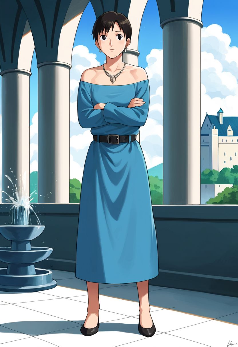 score_9, score_8_up, score_7_up,source_anime,1girl,daliamargolis,<lora:DaliaMargolisPony:0.75>,(solo:1.2),short hair,black eyes,black hair,blue dress,belt,bare shoulders,jewelry,earrings,necklace,standing,crossed arms,indoors,castle,cloudy sky,full body,happy,flat color,detailed background,luxury architecture,fountains,studio ghibli style