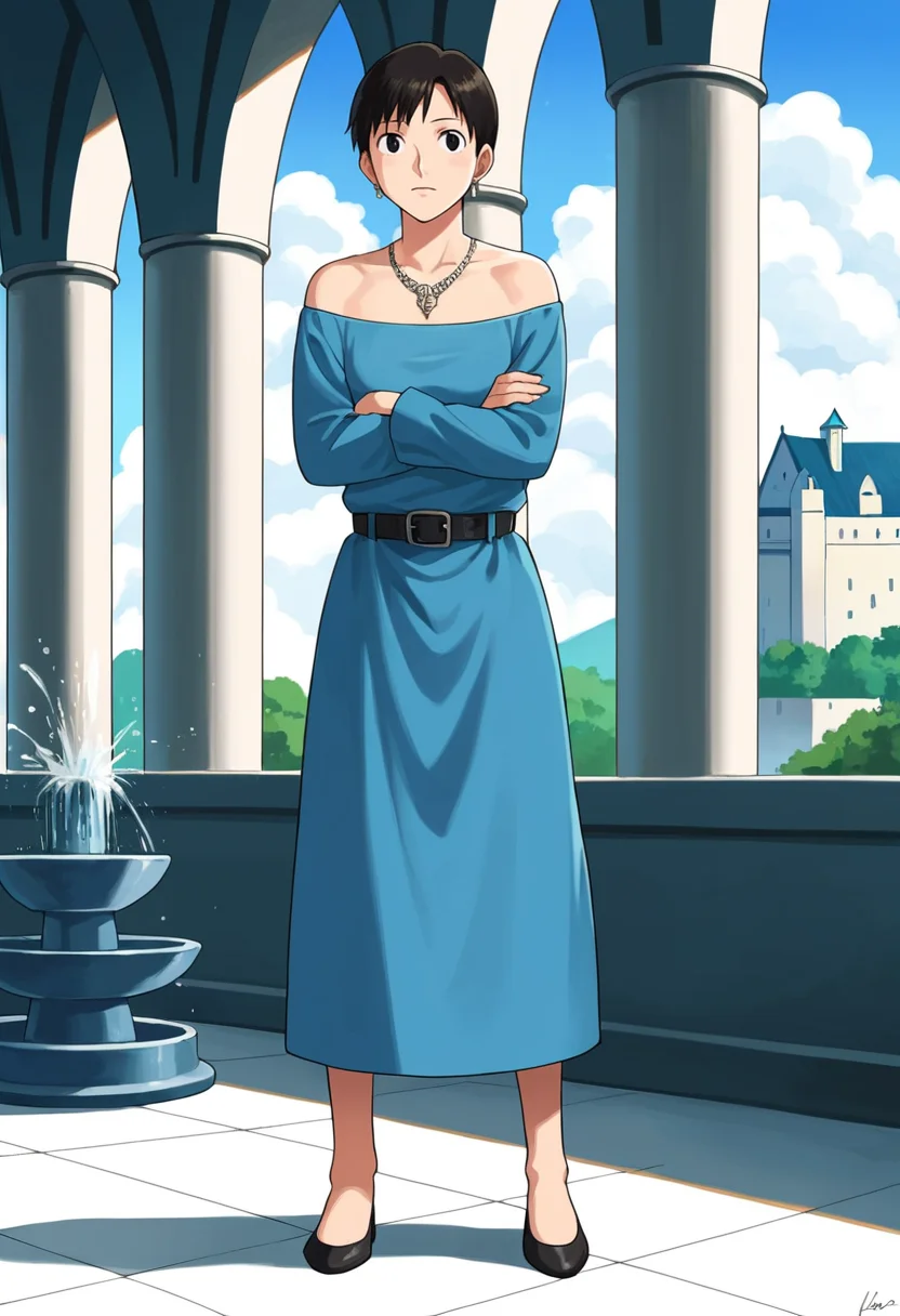 score_9, score_8_up, score_7_up,source_anime,1girl,daliamargolis,<lora:DaliaMargolisPony:0.75>,(solo:1.2),short hair,black eyes,black hair,blue dress,belt,bare shoulders,jewelry,earrings,necklace,standing,crossed arms,indoors,castle,cloudy sky,full body,happy,flat color,detailed background,luxury architecture,fountains,studio ghibli style