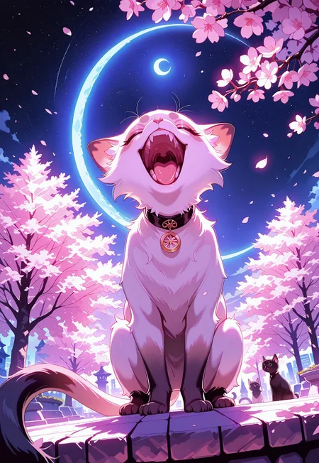 A full-body side portrait in an anime studio style that captures a Siamese cat in mid-yawn. The cat, rendered in exquisite detail with fluffy, well-textured fur, displays an open mouth with its tongue playfully extended and a hint of teeth visible, emphasizing its relaxed, carefree expression. It is perched on a sturdy branch of a flourishing sakura tree, surrounded by an abundance of delicate cherry blossoms that drift gently around it. In the background, a vibrant cityscape at night unfolds, its twinkling lights contrasting with a deep, starry sky. A shimmering crescent silver moon hangs low, casting a soft, ethereal glow over the scene. Volumetric lighting streams through the blossoms and around the cat’s profile, adding cinematic depth and dramatic highlights. The overall composition blends the natural charm of the blooming tree with the urban nighttime allure, volumetric lighting, masterpiece, best quality, good quality, very awa, very aesthetic, absurdres, newest, EDA,DOP