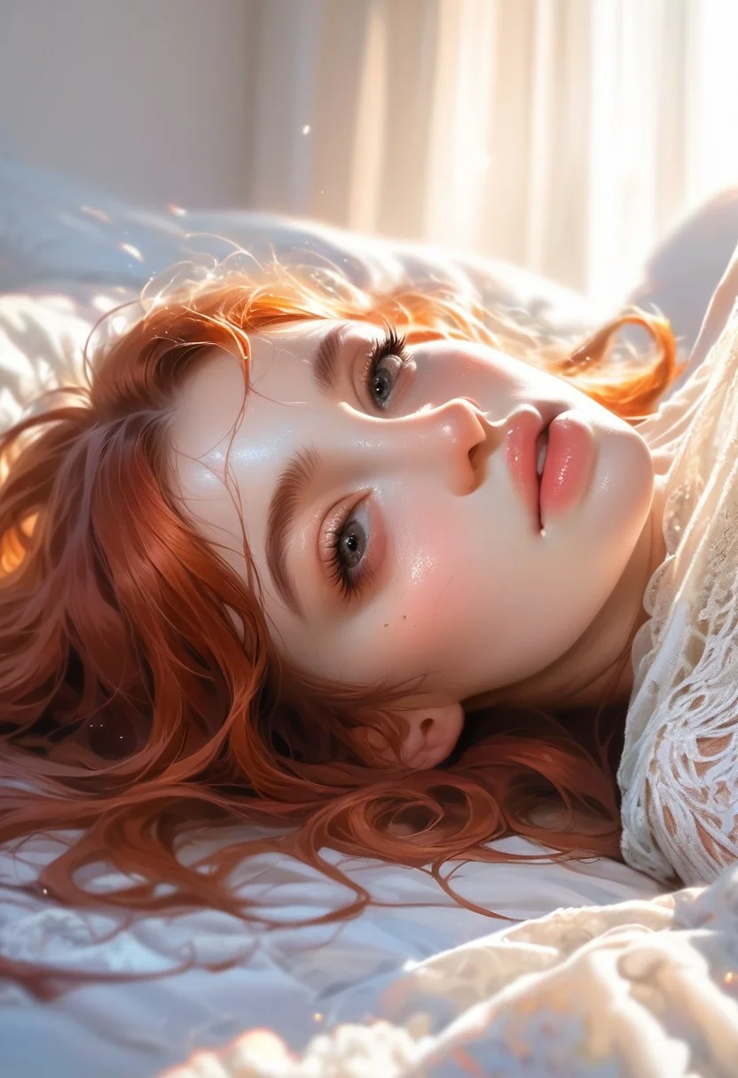 score_9, score_8_up, score_7_up, rating_safe, realistic, 1girl, (redhead girl lying on her back), long hair, face focus, beautiful mouth, easynegative, beautiful face, mouth open, eyes half closed, dark eyes, big tits, big saggy boobs,
Mouth open, slutty, frown, begging
warm sunset lighting, white messy bed sheets
arched back, big mouth, seductive face, frown, begging, (eyes half open), looking at viewer,
Hyperrealistic,