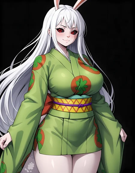<lora:Carrot_3_Outfits__Sulong_Form-000012 new:1>carr0t, solo, 1girl,
sulong-form, long white hair, red eyes, black sclera, wano-outfit, japanese clothes, green kimono, short kimono, yellow obi, tight fit, blush, shy, thighs, short kimono,
standing, simple black background, red eyes, black sclera, smile, closed mouth, large breasts, long hair