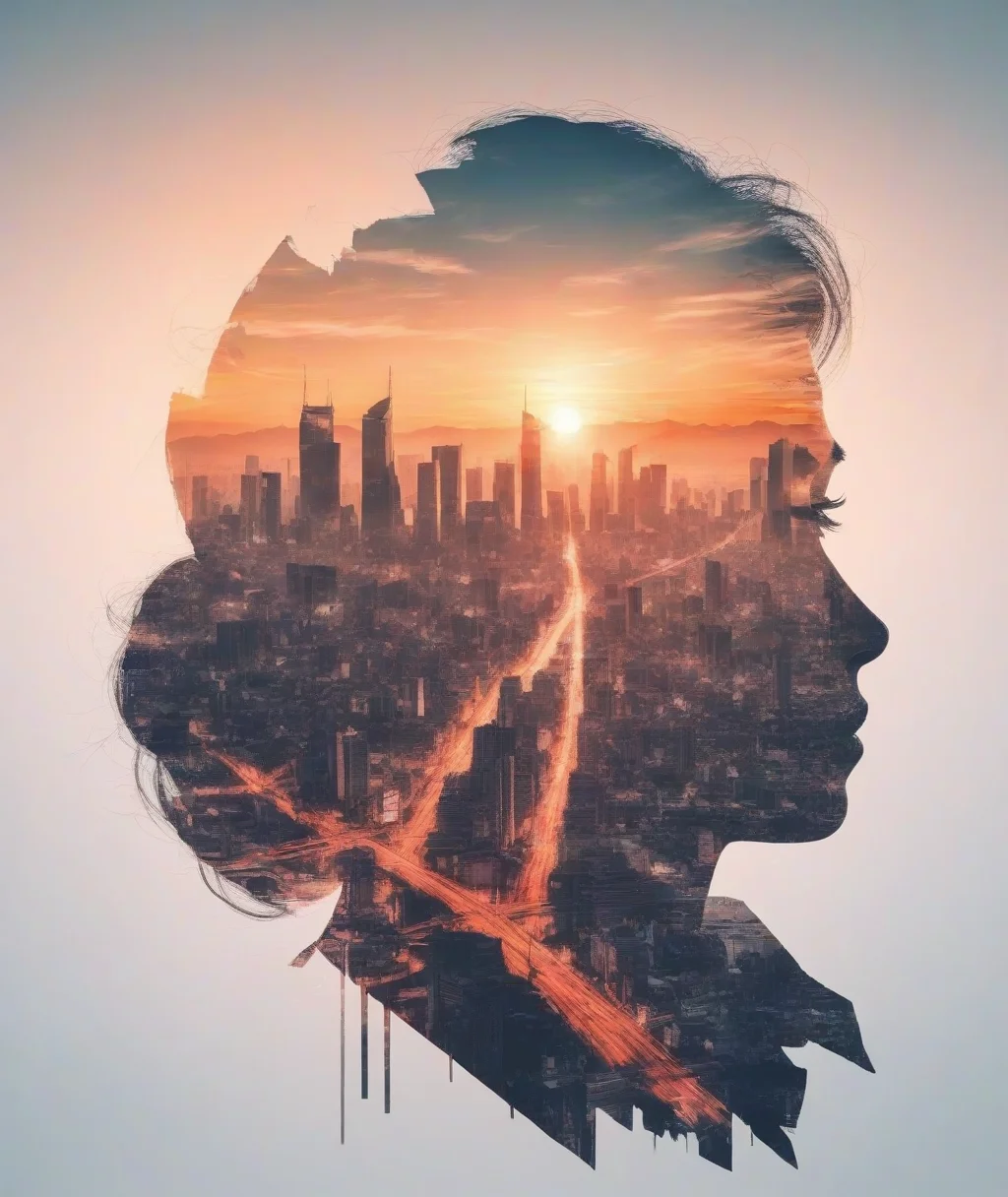 double exposure style,prospect:1 giant trangle,silhouette:city landscape,sunset,Silhouette intensity strong,anime style,<lora:double exposure style:0.67>,