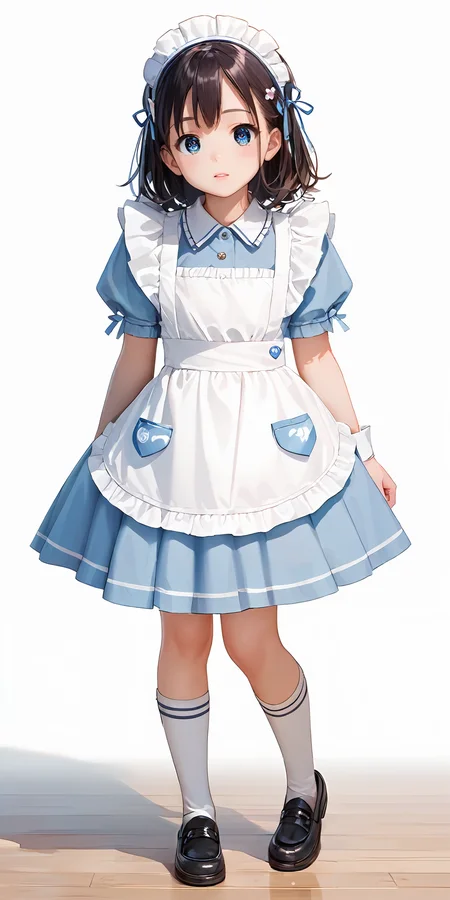 score_9, score_8_up, score_7_up,source_anime, high res image,masterpiece,best quality,girl,cute face,clear skin,shiny hair,ultra detailed eyes,simple background,
 <lora:maid_Pony_V1.0:1> jyojifuku,frills,kneehighs,apron