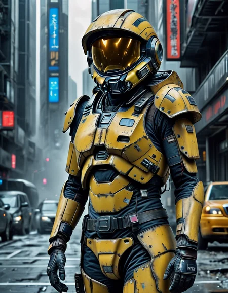 mhelmet artstyle artstyle, standing in the center of a bustling city street, the towering skyscrapers framing her figure, her expression conveying a sense of awe and wonder, symbolizing the beauty of modern life in a striking and captivating composition. <lora:2024-04-01 - mjhelmet - 64dim - LoRA.safetensors:1>