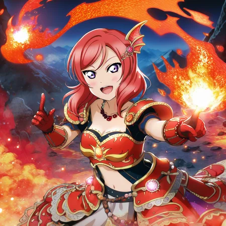 nishikino maki, love live!, red hair, purple eyes, medium hair, 1girl, detailed fire red background, red armor, smile, open mouth, bow, necklace, jewelry, looking at viewer, ruby necklace, blush, ;d, fire, hair ornament, fantasy, beads, collarbone, fire palace, mystical, lava, mountain, dragon scale armor, midriff, cleavage, bare legs, gloves, magic, magical energy, fireball, casting magic, fire magic, rocks, dragon in background, pointing at viewer,
BREAK
score_9, score_8_up, score_7_up, score_6_up, source_anime <lora:LLChar_Pony-000020:1>