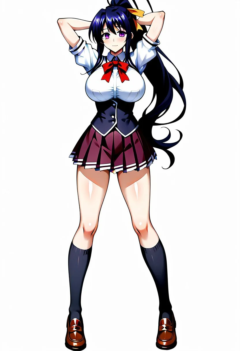 score_9, score_8_up, score_7_up, 
4k3n0h1m3j1ma,Akeno Himejima,1girl, solo, long hair, breasts, skirt, large breasts, simple background, black hair, white background, ribbon, very long hair, school uniform, purple eyes, full body, hair ribbon, ponytail, shoes, socks, kneehighs, black socks, loafers, arms behind head,