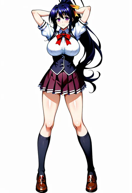 score_9, score_8_up, score_7_up,
4k3n0h1m3j1ma,Akeno Himejima,1girl, solo, long hair, breasts, skirt, large breasts, simple background, black hair, white background, ribbon, very long hair, school uniform, purple eyes, full body, hair ribbon, ponytail, shoes, socks, kneehighs, black socks, loafers, arms behind head,