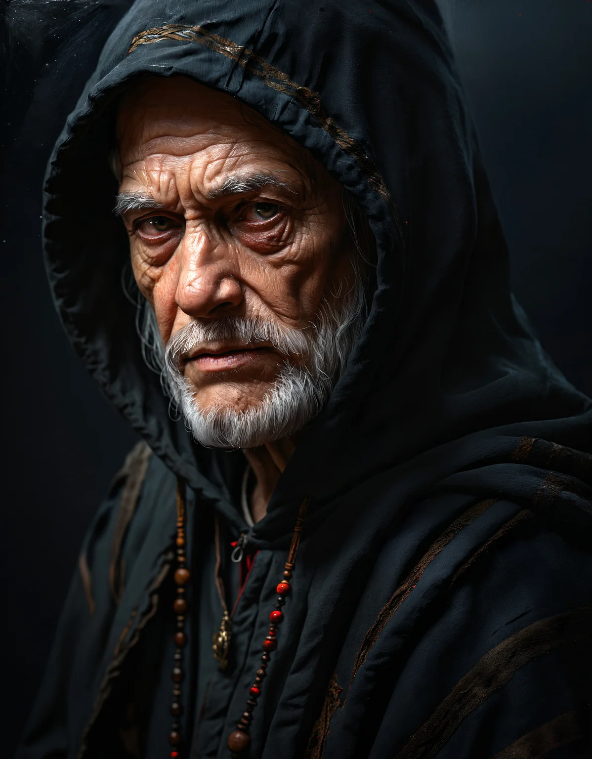 (zavy-ldprtrt), old witcher hooded, old man, top hard light, dark environment, black over black, highly detailed, masterful painting in the style of Anders Zorn, Aleksi Briclot, Jeff Simpson, oil on canvas