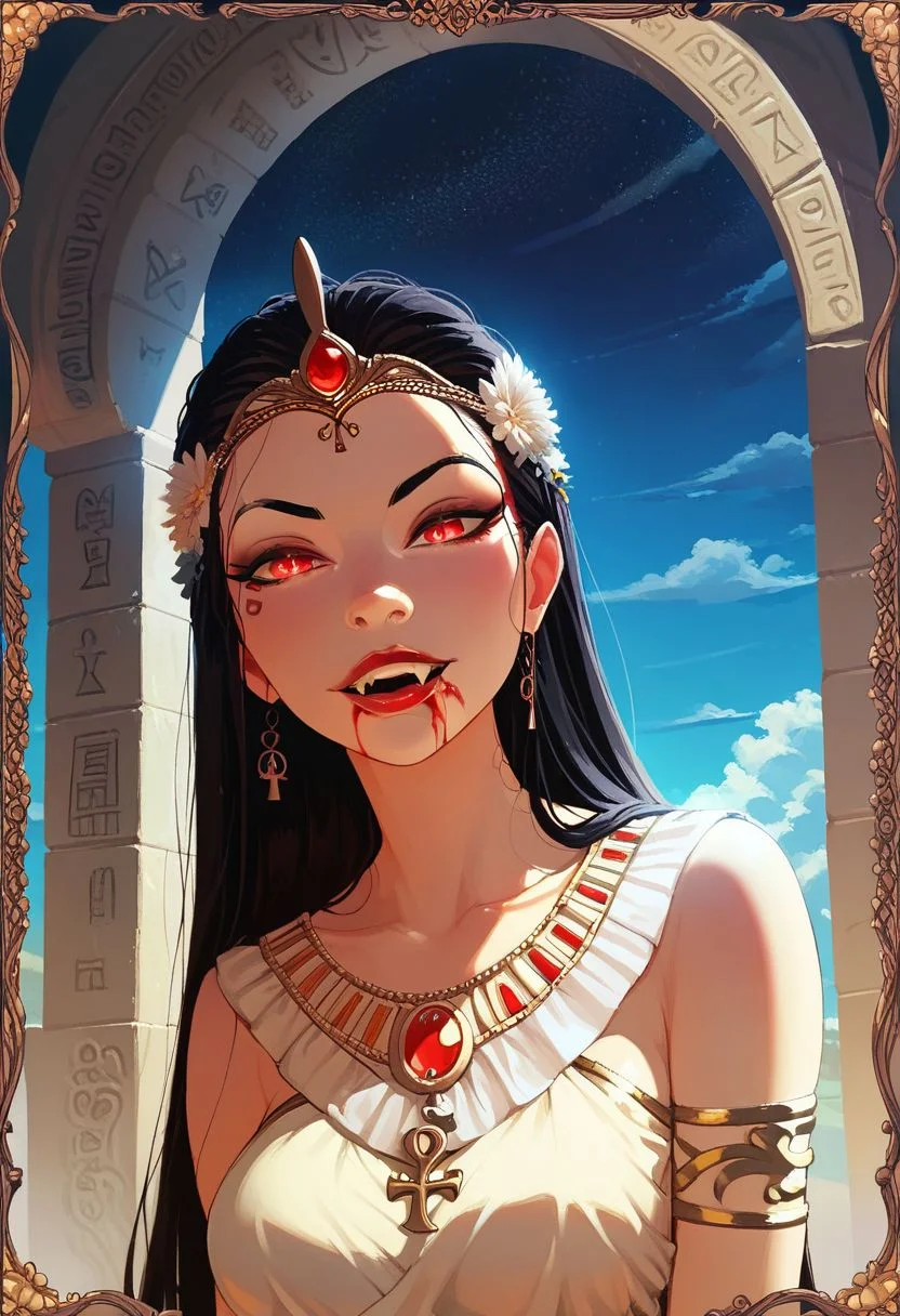 Score_9, Score_8_Upper, Score_8_Upper, Score_8_Upper, Score_8, solo, 1girl, anime, perfect face, bloody mouth, vampire sorceress, pale skin, black hair, black brows, scarlet eyes, glowing eyes, decorated robes, golden jewelry, black gothic full robes, stitch marks, stitched skin, ghastly pale skin,
night sky, egyptian temple background, fangs,