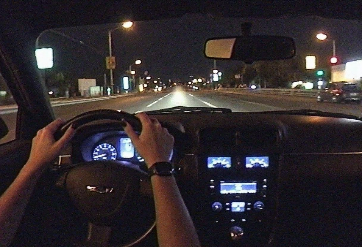 v8s, Dimly lit photo, grungy aesthetic, gritty urban, los angeles city on background, interior of muscle car driving under high speed, amateur quality, nighttime, in motion, smeared background, headlights glowing, noise and grain film, glowing dashboard where speedometer is blurred, rearview mirror, woman's hand with black nailpolish on stearing wheel, first person perspective, pov, wide angle go pro lens