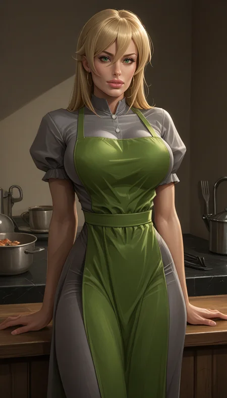 score_9, score_8_up, score_7_up, score_6_up, source_cartoon, raw, realistic, solo shot, 1girl, cq_cla1redr3ss, (green eyes:.7), blonde hair, short apron, short sleeve dress, grey dress, green apron, puffy sleeves, hair between eyes, bangs, bimbo, slutty girl, <lora:CQ_ClairedressPony-10:.5> <lora:temogam_ponyxl:1>