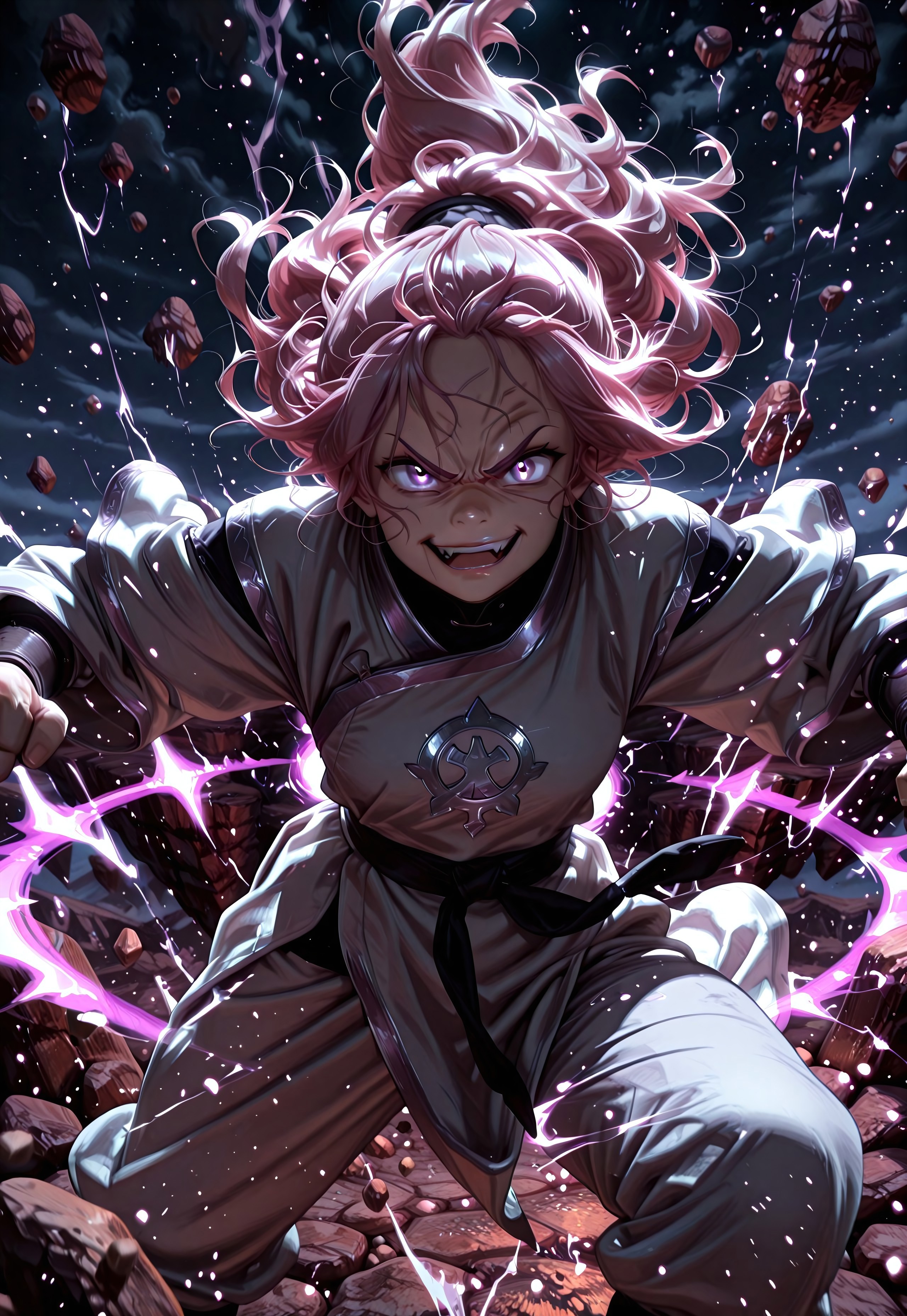 (masterpiece), best quality, amazing quality, very aesthetic, absurdres, newest, solo, CivChan in the Avatar Animation style, purple eyes, pink hair, wicked smile, embroidered karate fighting robes, black and silver, dynamic pose, angry, r0cks, outdoors, rocks, floating rocks, floating islands, surrounded by mystical energy, dark, volumetric lighting, cinematic lighting, extreme perspective, Smooth Quality