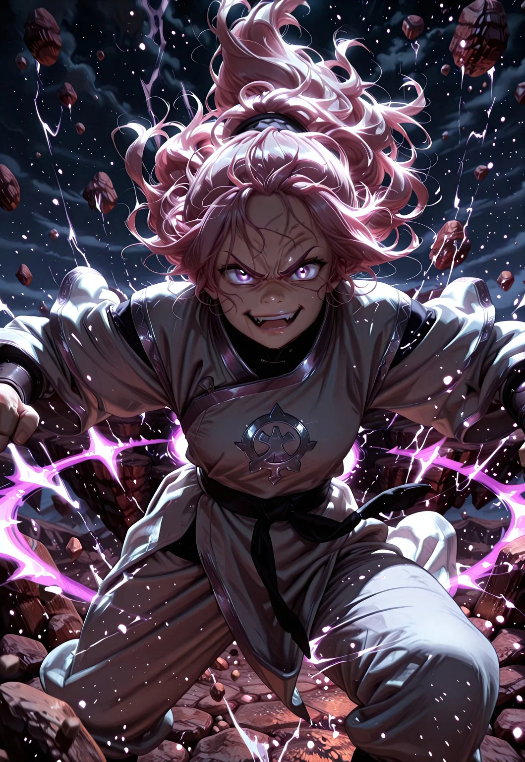 (masterpiece), best quality, amazing quality, very aesthetic, absurdres, newest, solo, CivChan in the Avatar Animation style, purple eyes, pink hair, wicked smile, embroidered karate fighting robes, black and silver, dynamic pose, angry, r0cks, outdoors, rocks, floating rocks, floating islands, surrounded by mystical energy, dark, volumetric lighting, cinematic lighting, extreme perspective, Smooth Quality