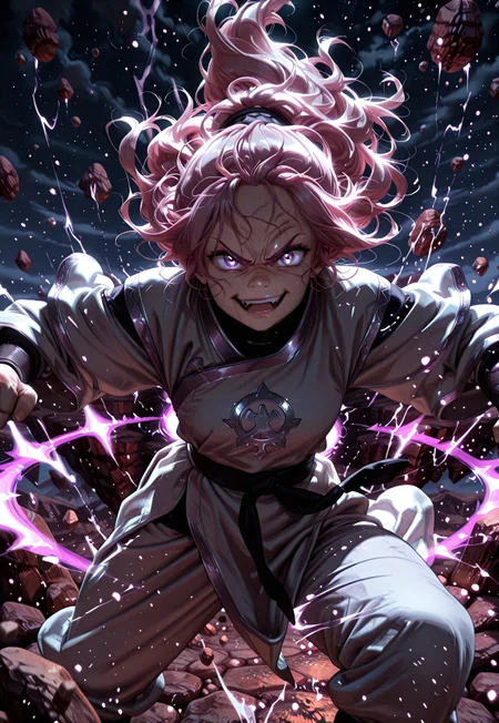 (masterpiece), best quality, amazing quality, very aesthetic, absurdres, newest, solo, CivChan in the Avatar Animation style, purple eyes, pink hair, wicked smile, embroidered karate fighting robes, black and silver, dynamic pose, angry, r0cks, outdoors, rocks, floating rocks, floating islands, surrounded by mystical energy, dark, volumetric lighting, cinematic lighting, extreme perspective, Smooth Quality