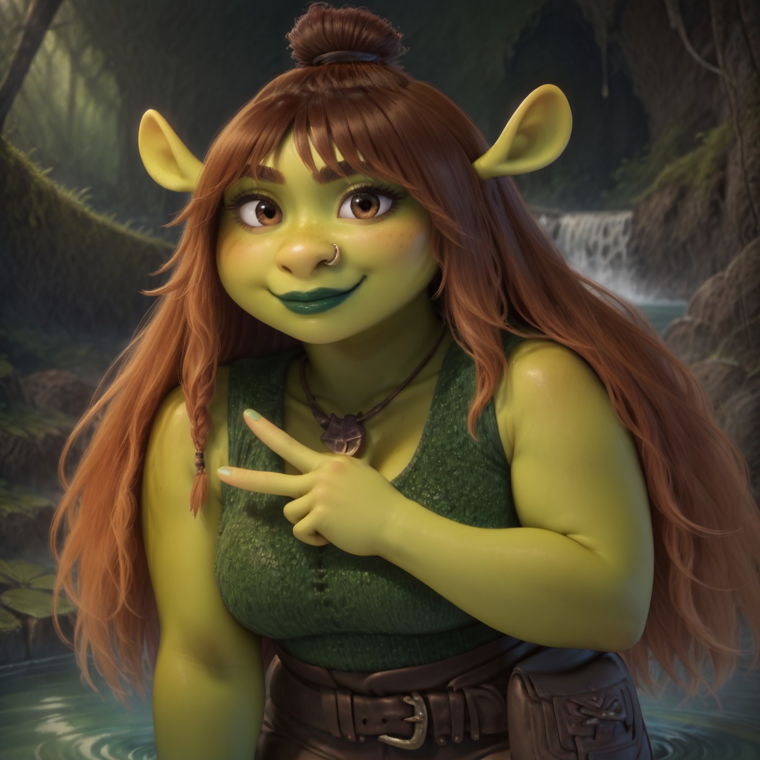 score_9, score_8_up, score_7_up, masterpiece, best quality, highly detailed, realistic, 1girl, ((solo)), FeliciaS5, female humanoid, ogre, ogre ears, brown hair tie, brown eyebrows, amber hair, braid, long hair, brown eyes, black pupils, freckles on face, silver nose piercing, green lipstick, green body, green skin, slightly chubby female, necklace, green crop top, belt, belt pouch, brown bottomwear), looking at viewer, smile, (closed mouth), Expressiveh, cowboy shot, front view, peace sign, (5 fingers), light-green nails, ((water, swamp, detailed background)), Vivid, ((fully clothed, shirt tucked in)), green hands, green palms