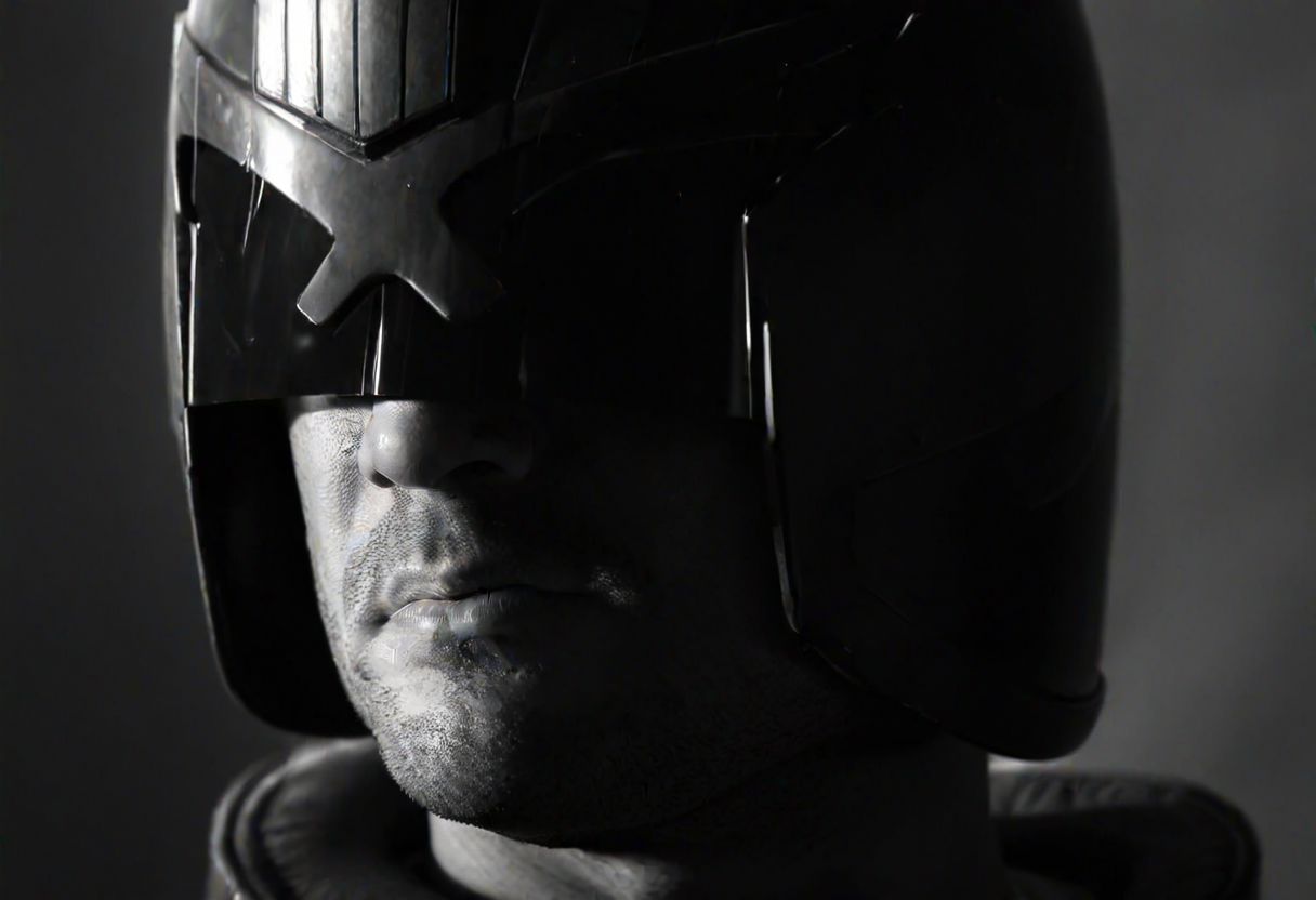 zavy-cnmtc, (((black and white, monochrome, greyscale, bw))), BREAK, solo, silhouette, close up, portrait, jdgdrdd, man, helmet armor, scowl, stubble, smoke, detailed skin texture, noise, detailed, high quality, cinematic lighting, contrast, heavy dynamic shadows, atmospheric,