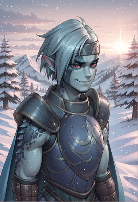 masterpiece, best quality, ultra-detailed, high resolution, absurdres BREAK SaturousGS,  snowy village, outdoors, 1boy, solo, dragon boy, blue hair, red eyes, blue cape, light blue skin, facial markings, pointy ears, armor, smirk, scales, upper body, close-up <lora:Saturous_Golden_Sun:1>   <lora:NOOB_vp1_detailer_by_volnovik_v1:1>