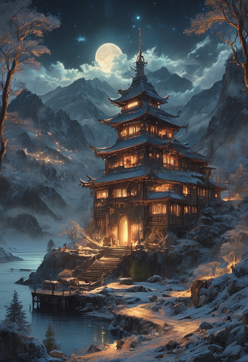 A captivating night scene illustration featuring a grand WOODEN norse long house standing tall on a large snowy hill overlooking a lake. The beautiful long house adorned with some windows, emits a warm glow, highlighting its incredible craftsmanship. The snowy  hill is covered in great pine trees, reflecting on the calm, moonlit snow  that mirrors the silvery moonlight. The full moon graces the sky, casting an ethereal glow on the clouds and mountain, while wispy clouds partially obscure its brilliance, adding to the scene's mystique. Twinkling stars dot the sky, creating a celestial tapestry that harmonizes with the moon's radiance. This enchanting artwork captures a serene and peaceful night, where the illuminated WOODEN Norse longhouse stands resolute amidst the celestial beauty, creating a cinematic experience., illustration, cinematic
<lora:DonM3t3rn1tyXL-v1.1:0.7>, DonM3t3rn1tyXL,
OverallDetailXL  <lora:MJ52:0.3>  <lora:SDXLFaeTastic2400:0.4>  <lora:EpicF4nta5yXL:0.7>