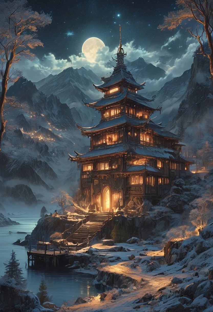 A captivating night scene illustration featuring a grand WOODEN norse long house standing tall on a large snowy hill overlooking a lake. The beautiful long house adorned with some windows, emits a warm glow, highlighting its incredible craftsmanship. The snowy hill is covered in great pine trees, reflecting on the calm, moonlit snow that mirrors the silvery moonlight. The full moon graces the sky, casting an ethereal glow on the clouds and mountain, while wispy clouds partially obscure its brilliance, adding to the scene's mystique. Twinkling stars dot the sky, creating a celestial tapestry that harmonizes with the moon's radiance. This enchanting artwork captures a serene and peaceful night, where the illuminated WOODEN Norse longhouse stands resolute amidst the celestial beauty, creating a cinematic experience., illustration, cinematic
<lora:DonM3t3rn1tyXL-v1.1:0.7>, DonM3t3rn1tyXL,
OverallDetailXL <lora:MJ52:0.3> <lora:SDXLFaeTastic2400:0.4> <lora:EpicF4nta5yXL:0.7>