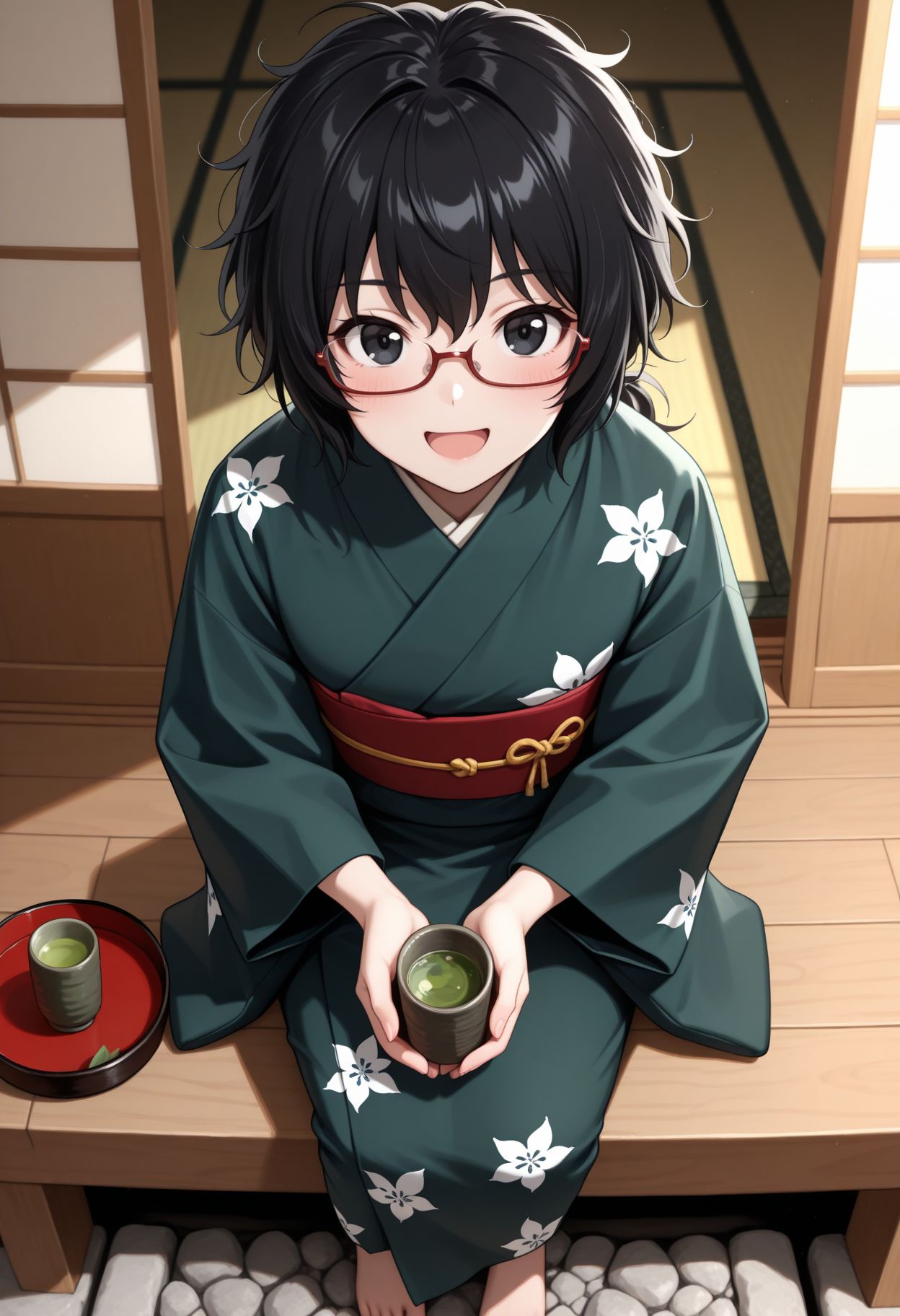 masterpiece,best quality,absurdres,highres,very aesthetic,high quality,detailed,insanely detailed,beautiful,perfect lighting, looking at viewer 
 <lora:Oryou illu:1>japanese clothes, glasses, green tea, black hair, cup, sitting, , kimono, open mouth, barefoot, red-framed eyewear, smile, solo focus, black eyes, holding, messy hair, yunomi, blush,
