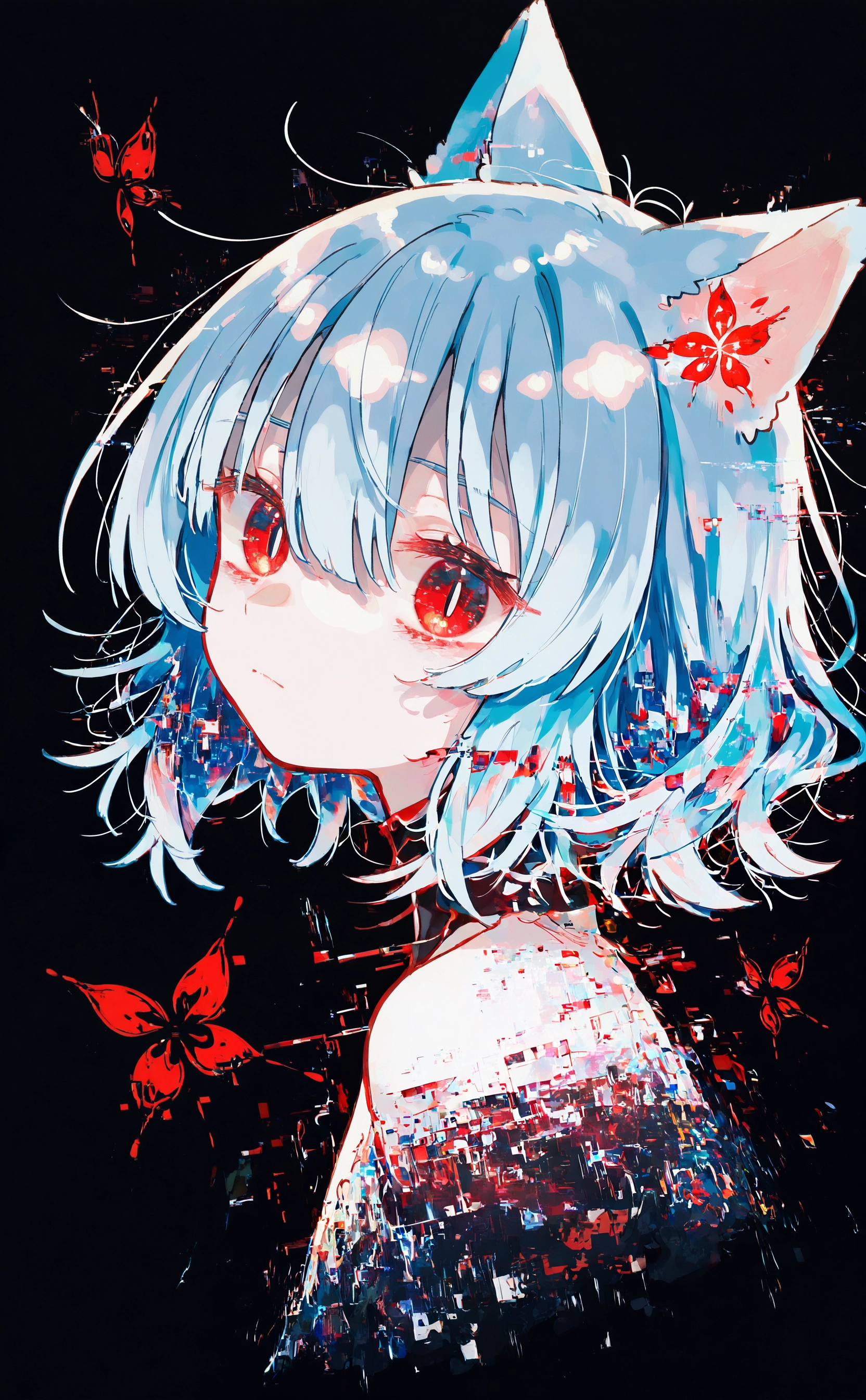 masterpiece, best quality, amazing quality, 1girl, solo, looking at viewer, short hair, simple background, red eyes, animal ears, hair between eyes, closed mouth, blue hair, cat ears, from side, colored skin, black background, portrait, abstract, glitch, cropped shoulders, pixelated, (oharu-chan:0.85), (shimashiro itsuki:1.2), <lora:noobai_ep11_stabilizer_v0.138_fp16:0.3> <lora:NOOB_vp1_detailer_by_volnovik_v1:0.3> <lora:lpc_v10:0.7> <lora:114558v4df2fsdf5:0.6> <lora:mon_monmon2133:0.5>