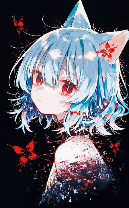 masterpiece, best quality, amazing quality, 1girl, solo, looking at viewer, short hair, simple background, red eyes, animal ears, hair between eyes, closed mouth, blue hair, cat ears, from side, colored skin, black background, portrait, abstract, glitch, cropped shoulders, pixelated, (oharu-chan:0.85), (shimashiro itsuki:1.2), <lora:noobai_ep11_stabilizer_v0.138_fp16:0.3> <lora:NOOB_vp1_detailer_by_volnovik_v1:0.3> <lora:lpc_v10:0.7> <lora:114558v4df2fsdf5:0.6> <lora:mon_monmon2133:0.5>