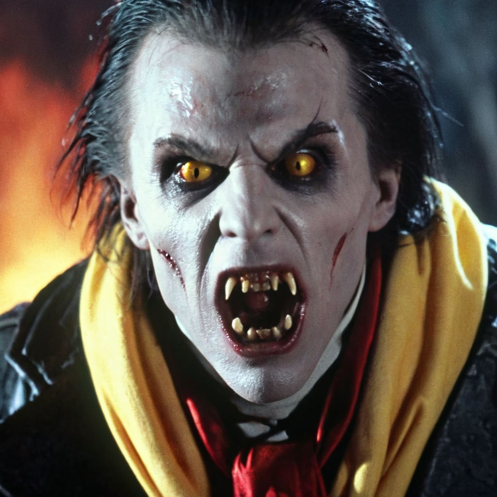 Horror-themed,  <lora:Fright Night 1985 Film Style:1>
Cinematic Closeup Shot Film Footage captured by Panavision Cameras and Lenses, vampire creature, Jerry a vampire with a large open vampire mouth and a vampire fangs teeth in a dark jacket and red scarf screaming at camera with scary face and yellow eye lenses and messy hair and creepy vampire face Fright Night 1985 Film Style, Eerie, unsettling, dark, spooky, suspenseful, grim, highly detailed
