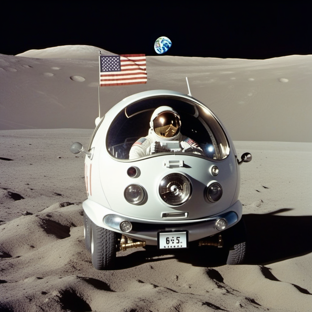 an astronaut drives pearly white bubble car, on the moon, american flag, earth, space, stars,  photography, ultra sharp, film, professional, 64k <lora:PeaCar1024:0.8> <lora:add-detail-xl:1.5>