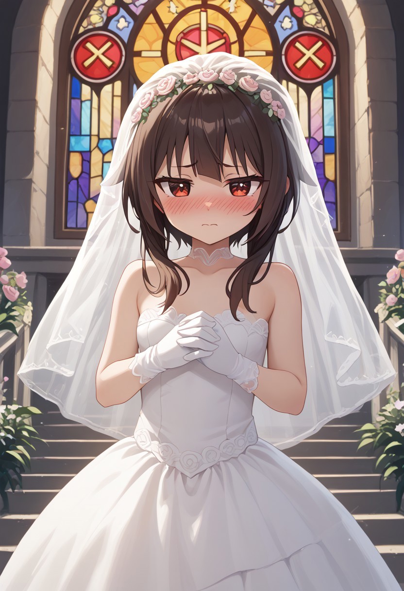 , stained glass,  church,altar,, seductive look, narrowed eyes, blush  ,  <lora:Megumin_V2_Pony:0.8> Meguminn,:short_hair,1girl, sidelocks, brown_hair, red_eyes, small_breasts , <lora:Bridal_Dress_Pony:0.8> wedding dress embarrassed,, bridal veil, , flower, , gloves,, score_9, score_8_up,score_7_up,score_6_up,