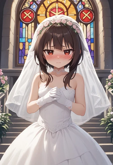 , stained glass,  church,altar,, seductive look, narrowed eyes, blush  ,  <lora:Megumin_V2_Pony:0.8> Meguminn,:short_hair,1girl, sidelocks, brown_hair, red_eyes, small_breasts , <lora:Bridal_Dress_Pony:0.8> wedding dress embarrassed,, bridal veil, , flower, , gloves,, score_9, score_8_up,score_7_up,score_6_up,