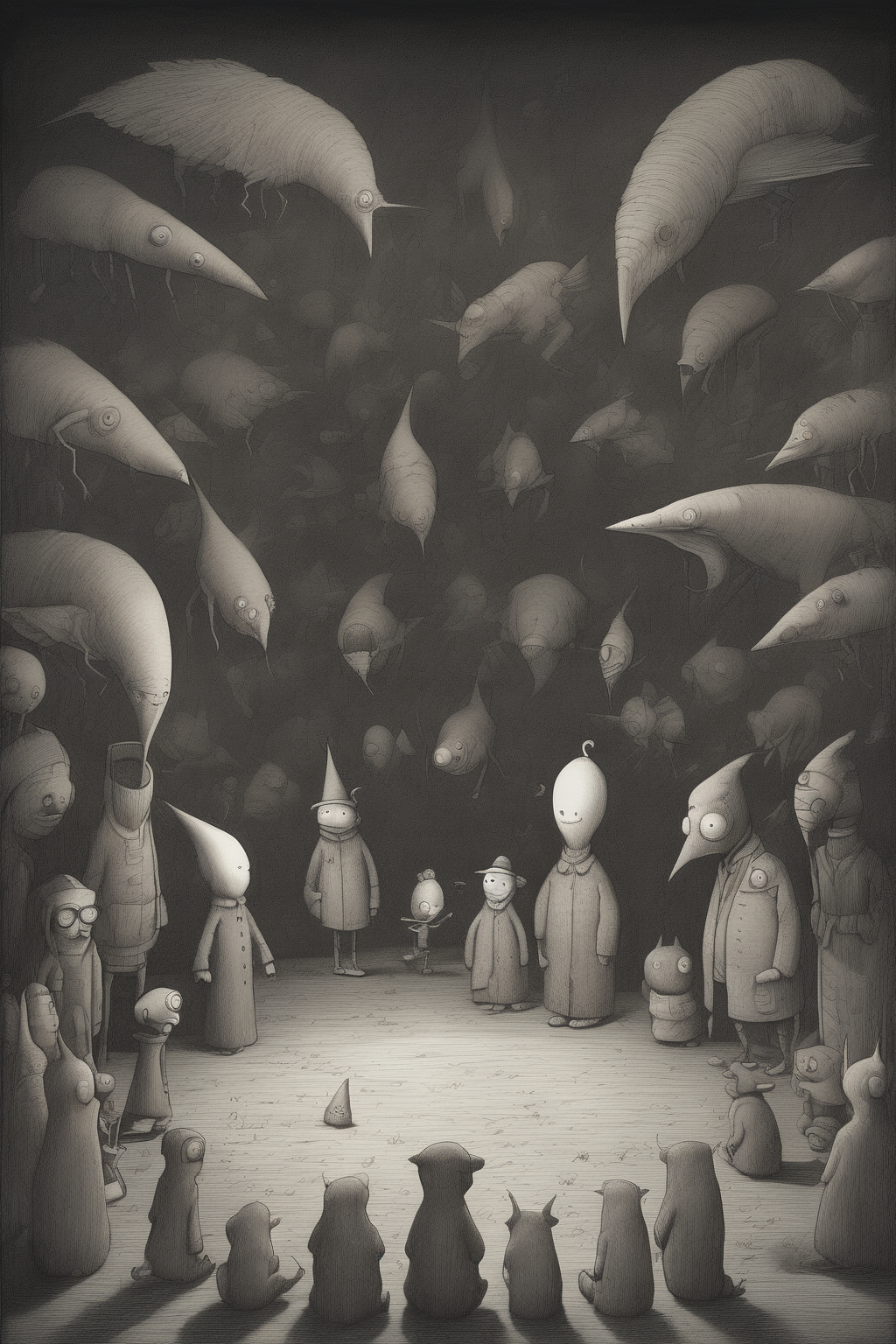 John Kenn Mortensen Style - Reference Shaun Tan.The environment is very dark, you can hardly see the characters. only their silhouettes. Render from the perspective of a person lying down looking up. Surrounded by 6 characters who look at him. Dreamlike, abstract and metaphysical environment.