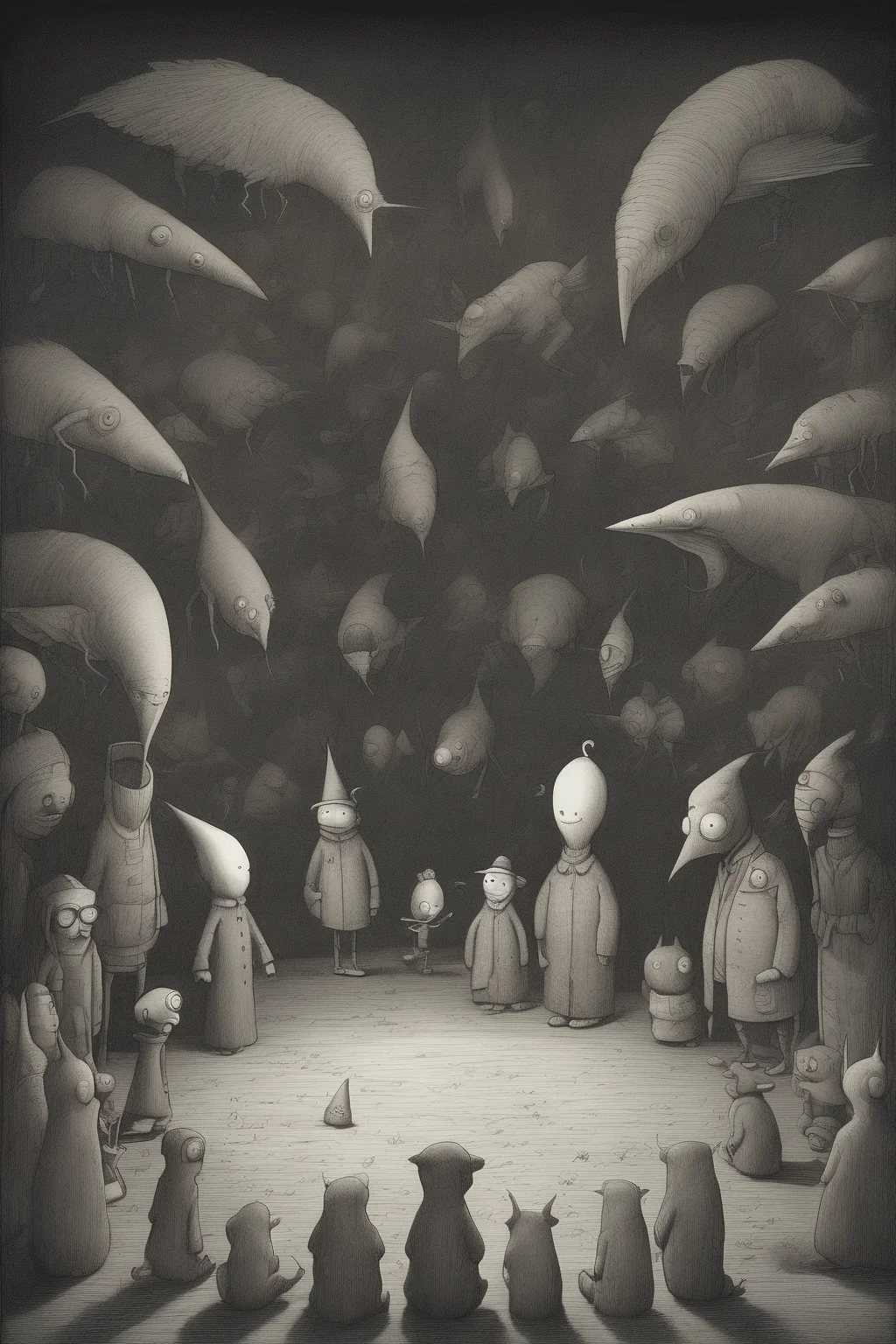 John Kenn Mortensen Style - Reference Shaun Tan.The environment is very dark, you can hardly see the characters. only their silhouettes. Render from the perspective of a person lying down looking up. Surrounded by 6 characters who look at him. Dreamlike, abstract and metaphysical environment.