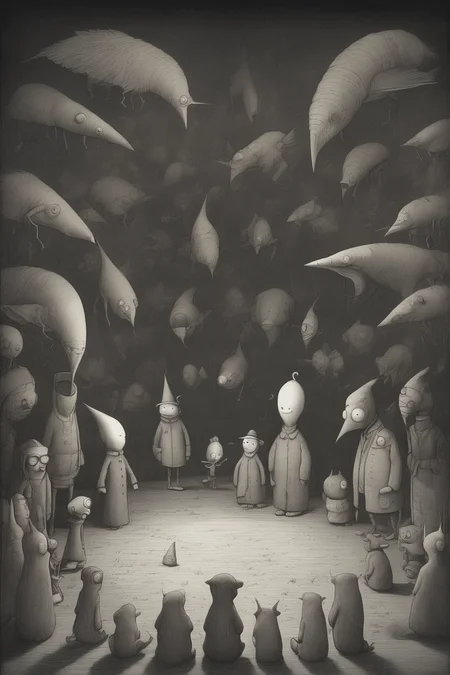 John Kenn Mortensen Style - Reference Shaun Tan.The environment is very dark, you can hardly see the characters. only their silhouettes. Render from the perspective of a person lying down looking up. Surrounded by 6 characters who look at him. Dreamlike, abstract and metaphysical environment.