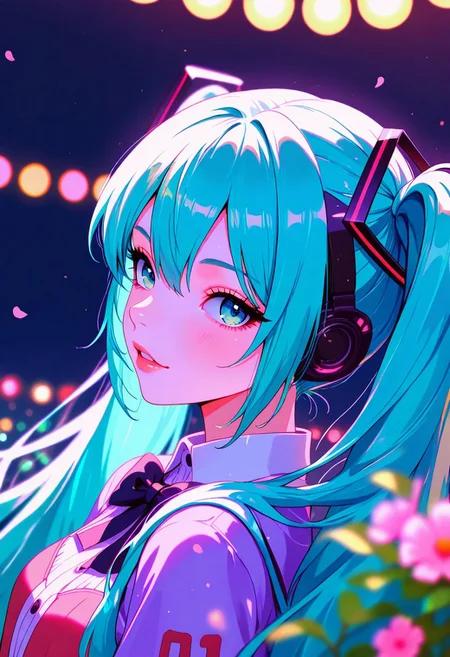 masterpiece, best quality, good quality, very aesthetic, absurdres, newest, 8K, depth of field, focused subject, artist:moriimee, BREAK masterpiece, best quality, good quality, very aesthetic, absurdres, newest, 8K, depth of field, focused subject, artist:moriimee, BREAK hatsune miku, classic outfit, happy, silhouetted, chiascuro, directional moonlight, vibrant hues, dynamic