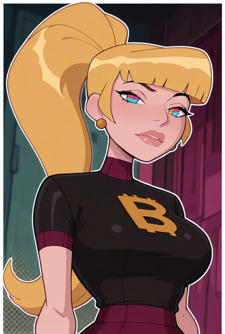 <lora:mazuma-10:1> mazuma, blonde hair, ponytail, long hair, 1girl, earrings, black shirt, short sleeves, heterochromia, lips, maroon skirt, <lora:welwraith-guy90-Illust-Lycorisv1:1> welith, curvy, busty,, masterpiece, best quality, amazing quality, very aesthetic, absurdres, newest,, upper body, halftone effect, white borders, abstract background:1.2,