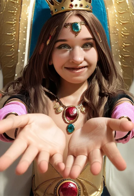 score_9, score_8_up, score_7_up, 1girl, (Pito:1.3), long brown hair, grey eyes, queen, dressed, golden crown, jewels, goddess, 30yo, (perfect hands:1.2),
Inviting, quirky, flirtatious, (reaching toward the viewer), happy, head cocked,