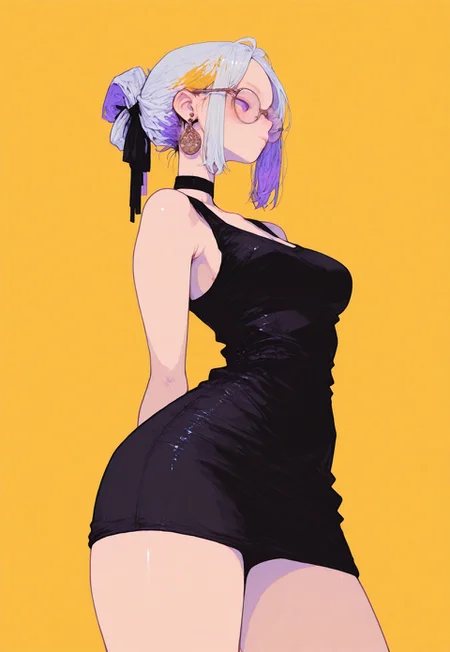 masterpiece, best quality, amazing quality, very aesthetic, absurdres,
1girl, solo, ((from above)),
silver hair, inner color hair, blush, parted bangs,folded ponytail, hair ribbon
,
simple pastel gold background,
shy, blushed, multicolored hair, purple eyes,
large round rimless glasses ,
tank top, tight mini skirt, medium chest,
black choker, ultra detailed eyes,
looking side, upper body shot,
v ,
earrings, jewelry, hair ribbon,
emotionless ,
from side,
(contrapposto:1.2), thick legs, chubby thick legs, thighs tension, realistic clothes texture,
narrow waist, wide hips, detailed eyes,
UGlub, fl4t, UGlub,
