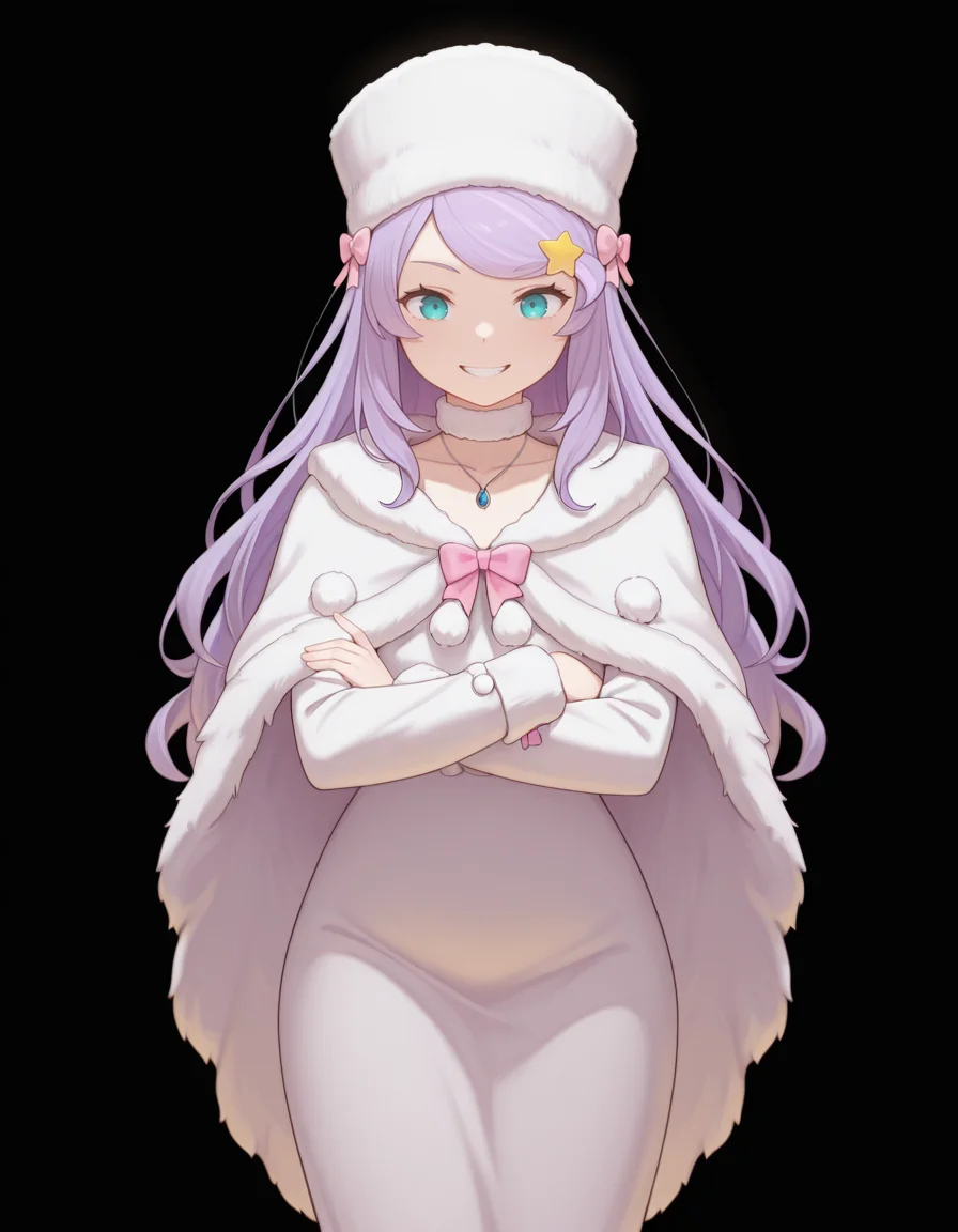 <lora:Anastasia Hoshin Illustrious:1>1girl, solo,
anast4sia, purple hair, swept bangs, aqua eyes, star hair ornament,
white dress, frilled dress, long dress, fur-trimmed capelet, fur-trimmed cape, pom pom (clothes), pink bow, pendant, white choker, white hat,
straight-on, grin, crossed arms,
<lora:Bartolomeobari Style Illustrious:1>, masterpiece, best quality, amazing quality, simple background, black background,