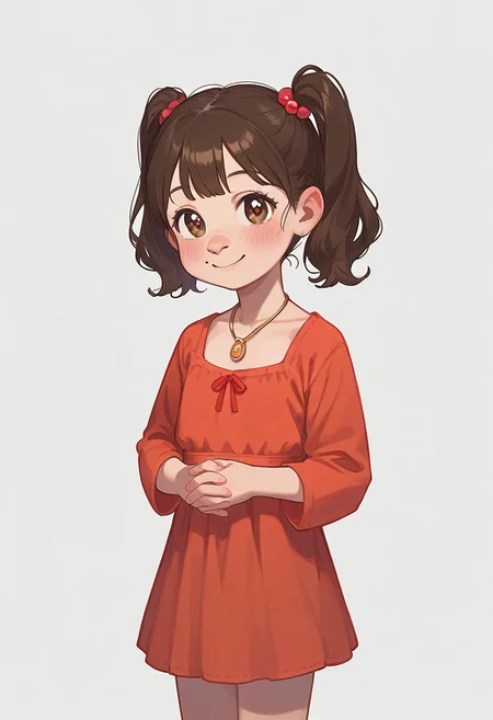 score_9, score_8_up, score_7_up, Casgas BREAK, 1girl, kid, child, little girl, solo, pretty, smile, Chukchi, northern girl, pale skin, blush, almond-shaped eyes, brown eyes, wide nose, thick black hair with two pigtails, the ends of pigtails tied with a red ribbon, Chukchi national dress, pendant with a small mammoth tooth, BREAK hands at the bottom, right hand holding left hand, palms together, looking at viewer, standing, semi-sideways, half-sideways, cowboy shot, BREAK simple background, white background