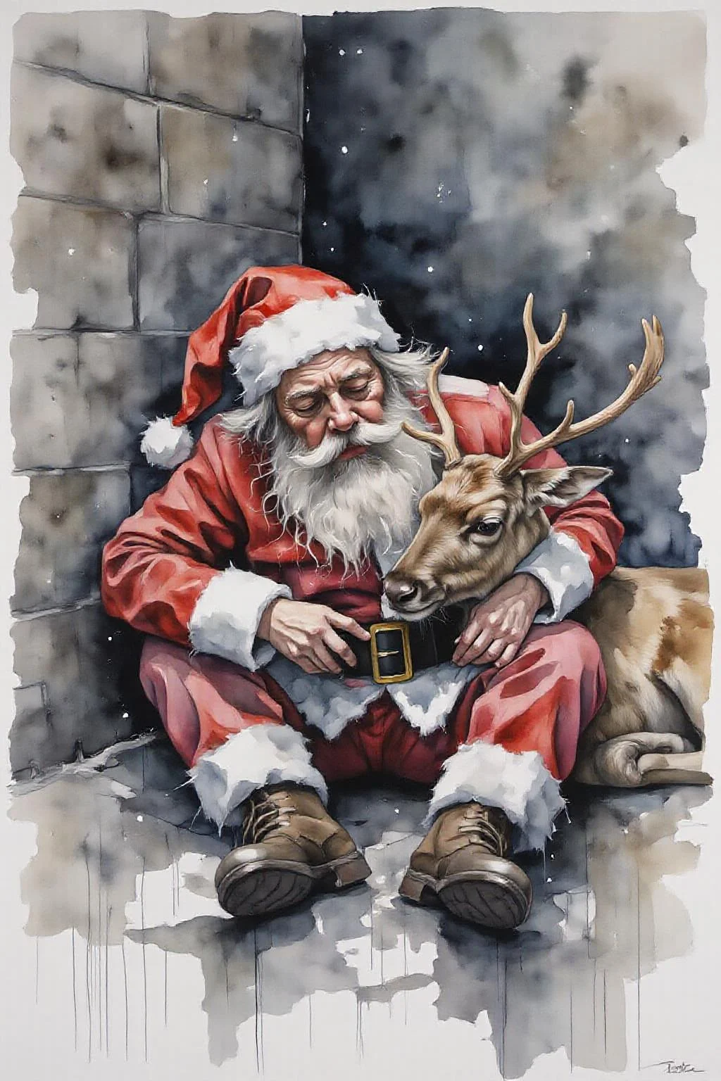 yawc1 watercolor.
Homeless Drunk Santa Claus sleeping rough on the street with Rudolph the red-nosed reindeer <lora:yawcolor_nocap_d4a2:1.0> <lora:schnell_v1.0:1.0><lora:798380196647570179:0>